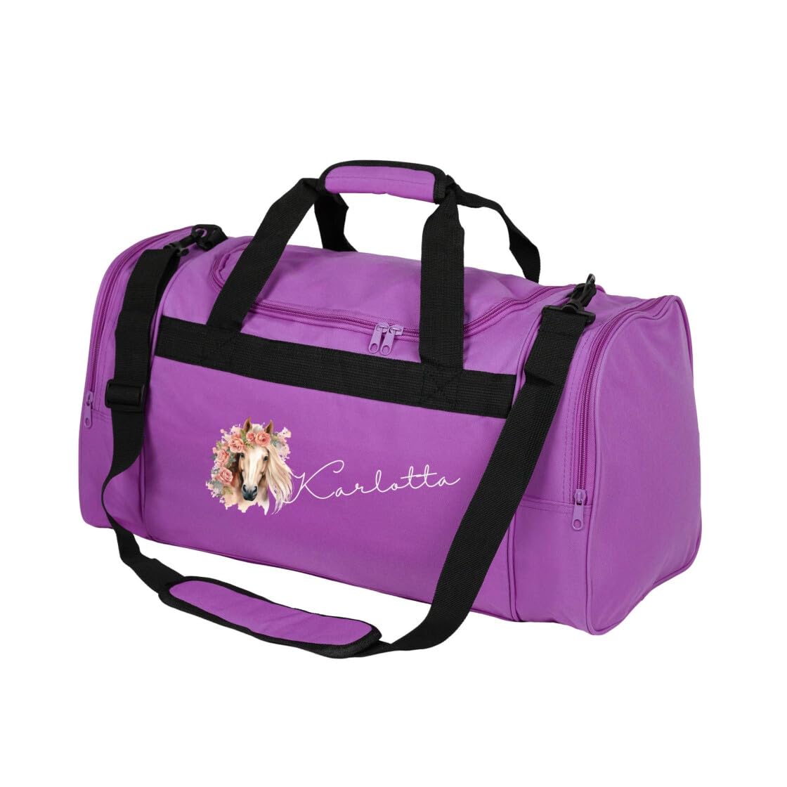 minimutz Sporttasche Pferd Kinder personalisiert, Reisetasche Reittasche Mädchen groß, Kindersporttasche mit Name 26L (lila)