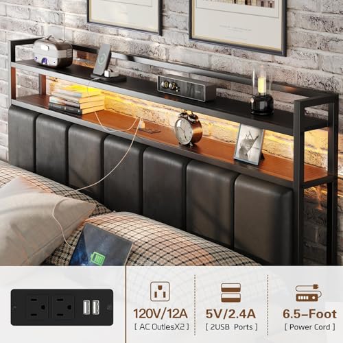 Image of Full Size Bed Frame with Upholstered Headboard and 2-Tier Storage Shelves | Metal / Charging Station / LED Lights / Noise Free / No Box Spring Needed / Black