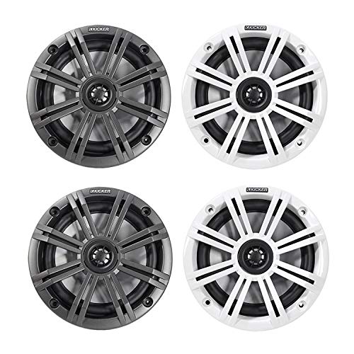 Kicker 45KM654 6.5 Inch Marine Coaxial Boat Speakers with Black and White Grilles, 4-Ohm, 195 Max Watts (4 Pack)
