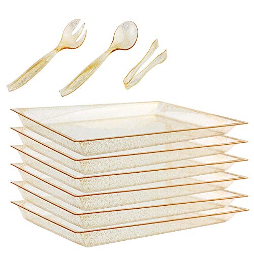WELLIFE 24 Pack Plastic Gold Glitter Serving Tray with Disposable Utensils, 6 Rectangle Platter 15â€ x 10â€, 6 Serving Spoons 10â€, 6 Serving Forks 10â€, 6 Serving Tongs 6.3â€, Perfect for Buffet & Parties