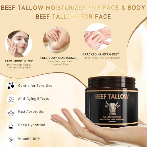 Gheecry Beef Tallow for Skin, Facial Tallow Honey Balm,Tallow Face Moisturizer Natural Organic Tallow Balm for Hydrating, Organic Face Cream, Body Lotion