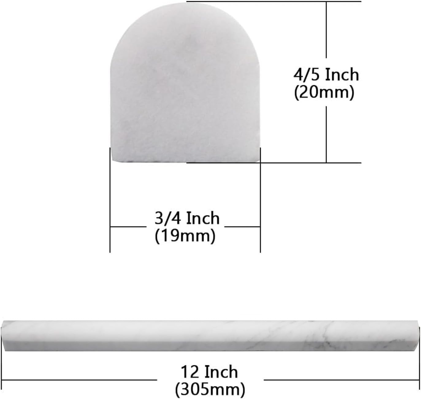 Carrara White Marble Pencil Liner Tile, 15-Pack Natural Stone Bullnose Tile Trim Molding 3/4x12 Inch Honed for Kitchen Backsplash, Bathroom Shower Wall