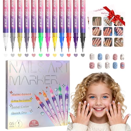 Nail Art Pens for Painting Nails 12 Colors Nail Art Markers Set with 0.5 mm Fine Tip Nail Doodle Pens for Girls Kids Women