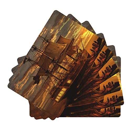 Lot de 6 sets de table en cuir imprimé bateau de pirate fantaisie, imperméables, faciles à nettoyer, lavables, pour table de cuisine, salle de réunion