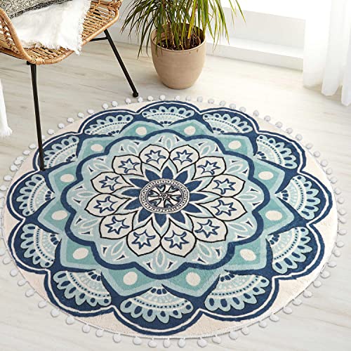Uphome Alfombra redonda de 3 pies con mandala azul bohemia con flecos de pompón, antideslizante, lavable, con círculo, suave, linda, para entrada, dormitorio, sala de estar, guardería Cover