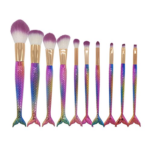 Mermaid Makeup Brush Set - Corlorful 10 pieces Cosmetic brushes Kit - Kabuki Collection with Eyeshadow Eyeliner Lipliner Powder Foundation Brushes