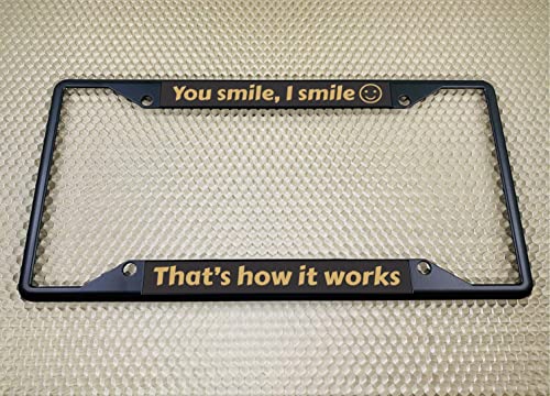 Image of Personalized with Custom Text Design - 4 Hole Black Metal Laser Engraved US Standard Size - Car License Plate Frame with Free caps - Black /Gold Text (Qty: 1 Frame)