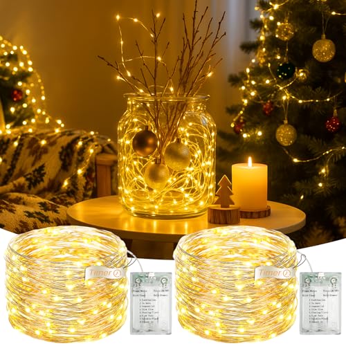 Fairdeer 2Pack 16FT Fairy Lights Battery Operated with Timer, Warm White