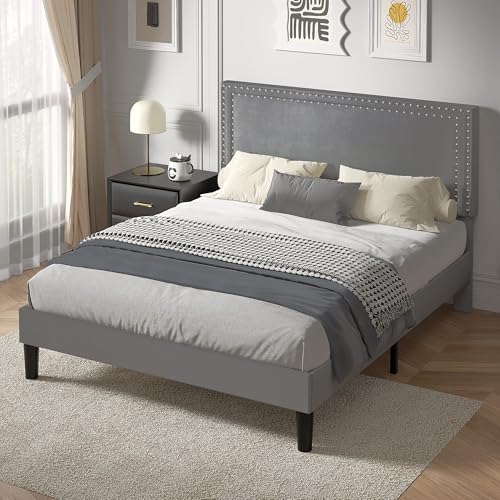 Image of VECELO Full Size Platform Bed Frame with Height Adjustable Upholstered Headboard, Modern Mattress Foundation,Strong Wood Slat Support, No Box Spring Needed, Easy Assembly,Dark Grey