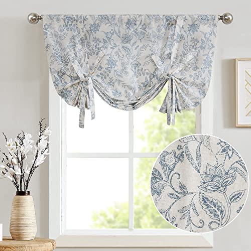 Jinchan Tie Up Valance Curtain Floral Printed Valance For Windows Adjustable Valance 54 Inches Window Treatment Tie-Up Shade Valance For Kitchen Living Room Farmhouse Rod Pocket 1 Panel Blue On Beige #TOP4