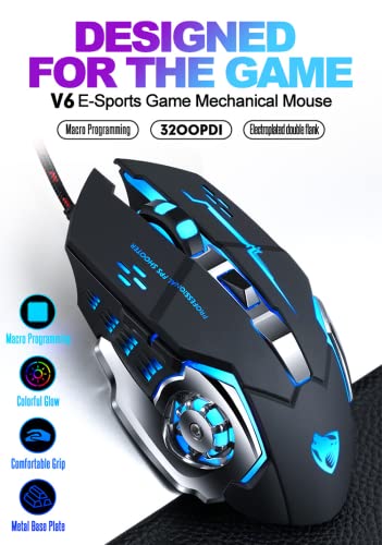 Image of D25 Gaming Mouse,Tinji TJ-1 Wired USB 2.0 Optical Mice, 3200 DPI LED Backlight 6 Button, 4 Color Breathing Lights with 1.5M Nylon Cable for Gamers