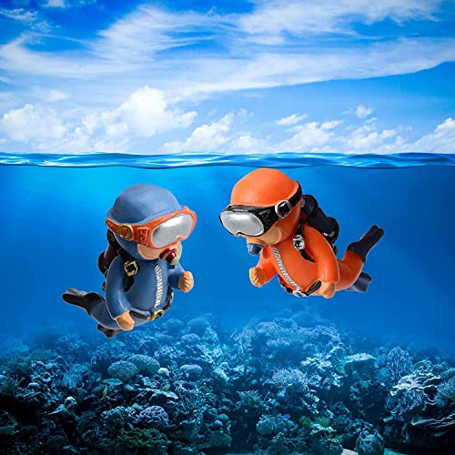 Jc.upin 2pack Fish Tank Decorations, Aquarium Ornaments, Lovely Floating Decoratio, Little Diver Cartoon Fish Playmates, Diver With Floating Device Fish Tank Accessories (Orange, Blue)