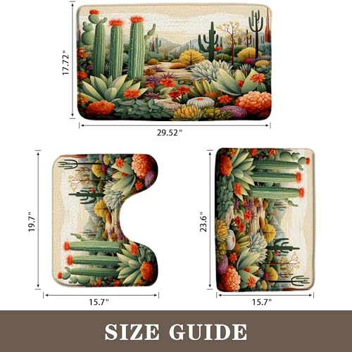 Cactus 3 Pcs Bath Rugs Set,Tropical Succulent Plant Green Cacti Flower Mountain Desert Landscape Modern Boho Bathroom Kitchen Rug with 17.8