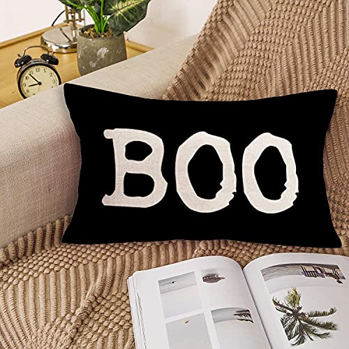 Xihomeli Halloween Decorations Cotton Linen Black Boo Quote Throw Pillow Covers Trick Or Treat Fall Autumn Greeting Cushion Case 12X20 Inch Thanksgiving Pillowcase (Black Boo) #TOP2