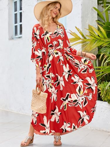 Image of Moss Rose Kaftan Dresses for Women V Neck Summer Swimsuit Cover up Caftan Maxi Beach Dresses