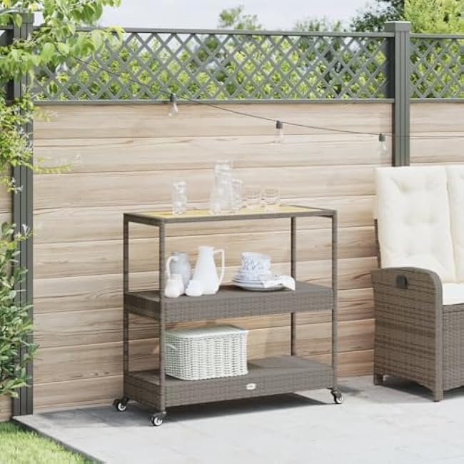 3-Tier Bar Cart, Gray Poly Rattan & Solid Acacia Wood, 39.8 Rolling Serving Trolley with Wheels, Outdoor Indoor Kitchen Beverage Storage for Home Patio-sO4MZmh0