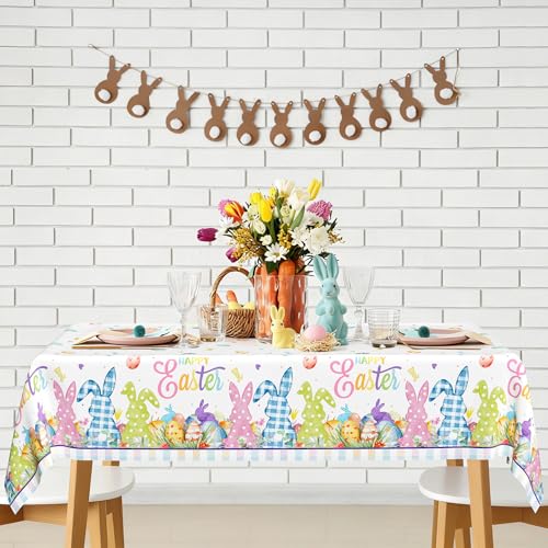 Image of 2 Pack Easter Tablecloth, 54 inch x 108 inch Easter Decorations, Rectangular Spring Tablecloths for Party Supplies, Colorful Eggs Bunny Flower Disposable Plastic Table Cloths for Easter Decorations for Home
