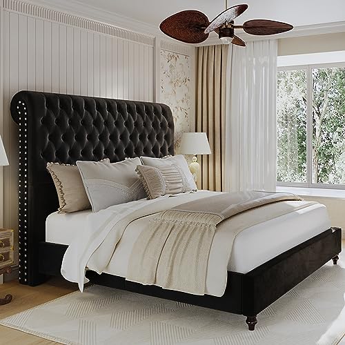 Papajet 52.8" High Upholstered Bed Frame King Size Platform Sleigh Bed With Deep Button Tufted Headboard/Easy Assembly/Black #TOP22