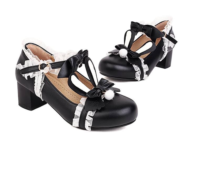 Women Lolita Bunny Bow Mary Jane Pumps Shoes Low Block Heels with Lace2