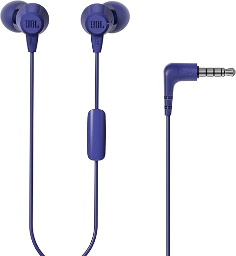 JBL C50HI, Wired in Ear Headphones with Mic, One Button Multi-Function Remote, Lightweight & Comfortable fit (Blue)