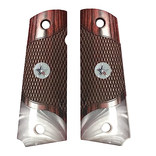 Premium Grips Compatible Replacement for 1911 Grips Full Size Double Diamond Checkered Rosewood Faux Pearl Accent W/Texas Star Medallion - Premium Gun Grips