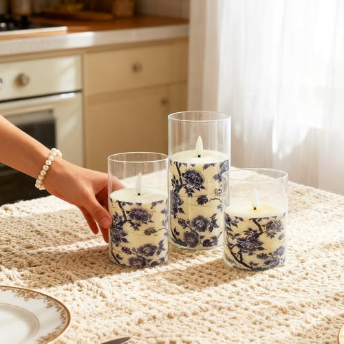 Image of Floral Flickering Flameless Candles, Recessed String Light LED Candles 3D Wick Acrylic Battery Operated LED Pillar Candles with Remote and Timer for Home Decor Set of 3(Blue Floral Printed)