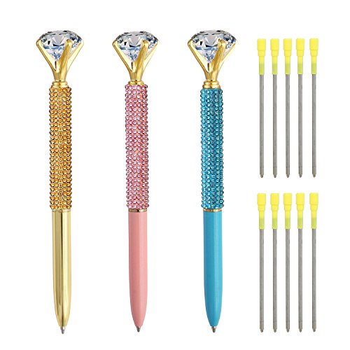 3 Pcs Diamond Pens, Metal Ballpoint Pen With Big Crystal Diamond for Women and Student, Gold Pink and Blue,School and Office Supplies,Black Ink with10 Replacement Refills By YWSYC (3Pcs)