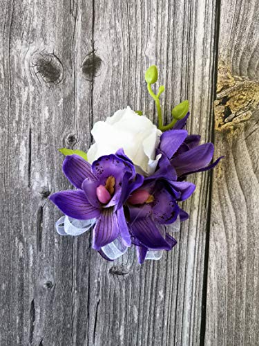 Abbie Home Prom Corsage Boutonniere Set Rose Lily Pin Wrist Hand Dress Suit Flower for Wedding Party (Purple) - Thumbnail 2