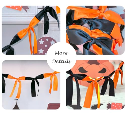 Image of Halloween Stain Bow Garland | 6ft Linking Knot Bow Banner with 3ft Extend Ribbon for Halloween Party Vibes Wreath & Spooky Boo Decor (Orange & Black, 6ft)