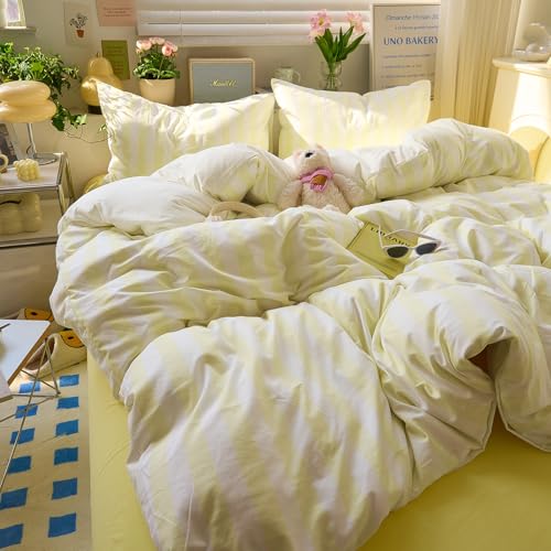 Image of EAVD Yellow and White Vertical Striped Duvet Cover Queen Soft Washed Microfiber Farmhouse Yellow Striped Bedding Set with 2 Pillowcases Reversible Geometric Pattern Duvet Cover with Zipper Closure