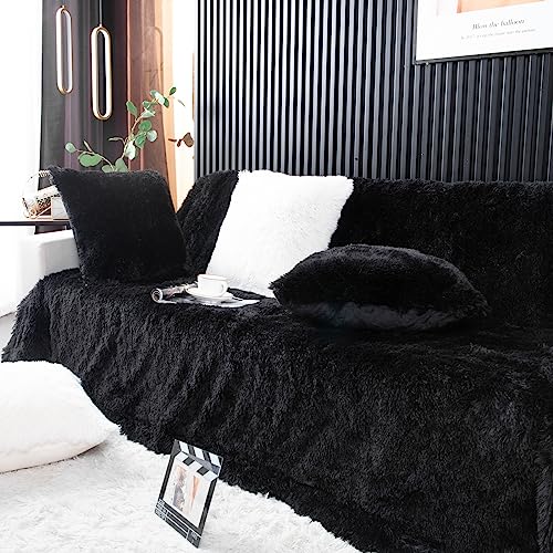 YUSOKI Black Queen Faux Fur Blanket,2 Layers,90"x90" Without Pillows Big Soft Plush Fuzzy Large Warm Fluffy Throw Blanket for Bed