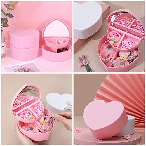 Cabilock 4 PCS Heart Shape Double Layer Jewelry Box with Mirror, Portable Jewelry Organizer Case for Earrings Rings Necklaces Desk Topper Organizer, Pink