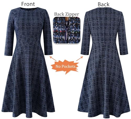 Image of VFSHOW Womens Work Business Front Zipper A-Line Dresses 3 /4 Sleeve Office Church Fit and Flare Skater Swing Knee Length Dress
