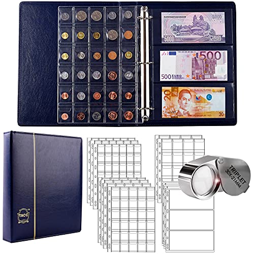 260 Stück 2-in-1 Münzsammelbuch, Münzsammlungsbedarf, Münzhalter für Sammler, 3 Größe Münztaschen und 9 Taschen Papiergeldaufbewahrung Binder Vatertagsgeschenk (blau) Cover