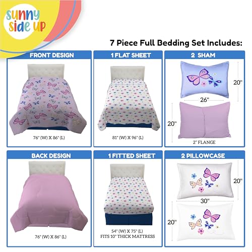 Image of Sunny Side Up Butterfly Full Comforter Set - 7 Piece Kids Bedding Includes Comforter, Sheets & Pillow Cover - Super Soft Purple Floral Microfiber Bed Set