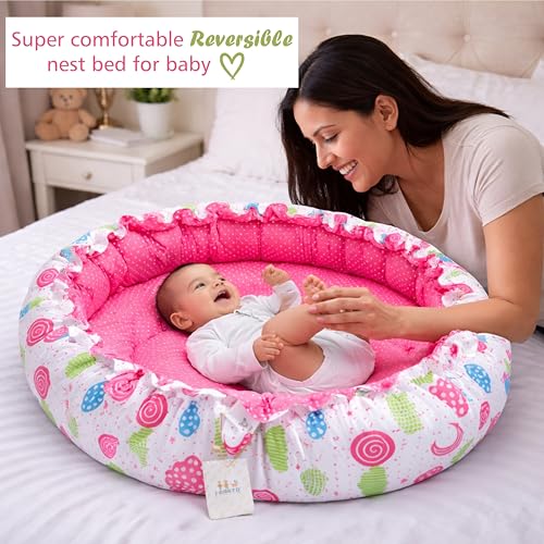 Image of Fareto Combo of Baby Nest | Net with Bed | Carry Bag | 4 Pcs Bedding Set(0-6 Months) (Fullset Nest) (FULLSET NEST Peach SPRIAL)