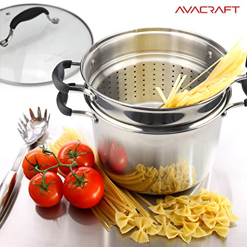 Avacraft 18/10 Stainless Steel, 4 Piece Pasta Pot With Strainer Insert, Stock Pot With Steamer Basket And Pasta Pot Insert, Pasta Cooker Set With Glass Lid, 7 Quart #TOP3