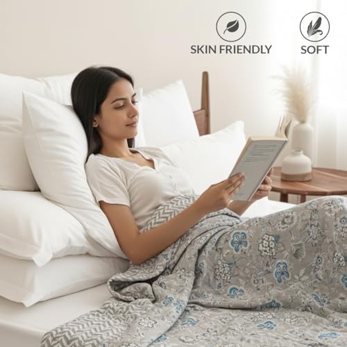 Image of HOMEMONDE 100% Cotton Reversible Dohar Double Bed Size | AC Blanket Comforter | Soft Lightweight Bed Blanket Quilt (84 x 94 Inch, Light Grey & White, Pack of 1)