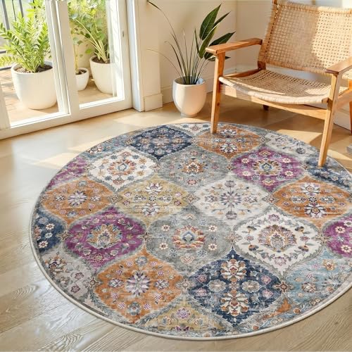 ROYHOME Washable Round Rug 4ft Moroccan Washable Area Rug, Purple/Grey
