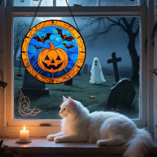 Image of Stained Glass Window Hanging - Halloween Evil Pumpkin Suncatcher for Doors Window Garden Indoor Spooky Brown Bat Sun Catchers Gothic Decor Horror Gifts for Women Men Friend Boy Girl 15 in