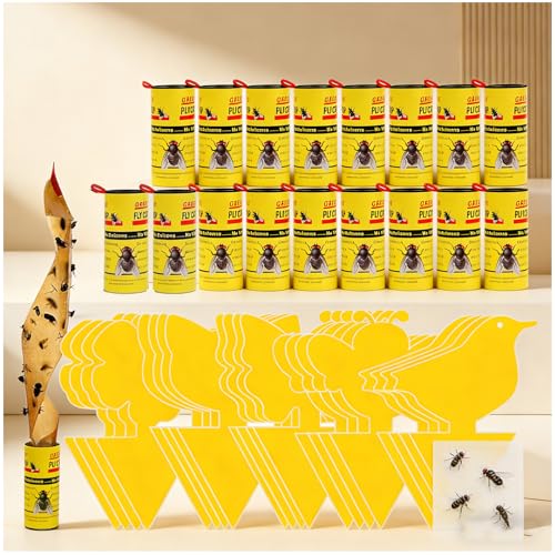 Onlvmyur 20 Rouleaux Attrape Mouche Collant et 20x Autocollant Jaune Plante Anti Moucherons Interieur Exterieur Pièges à Insectes pour Les moustiques et Autres Insectes Volants