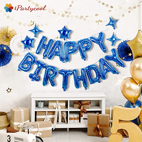 Ipartycool 24Pcs Birthday Balloons Banner, 3D Blue Premium Mylar Foil Ecofriendly Letter Happy Birthday Banner With 6Pcs Star Balloons Kits For Kids Boys Men Adults Birthday Party Decorations Hb0Bl #TOP1