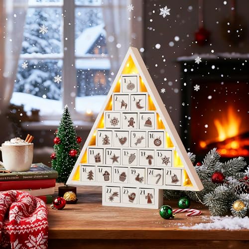 Calendrier de l'Avent bois rechargeable avec LED compte à rebours Noël réutilisable