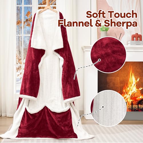 Heated Blanket Wearable Electric Blanket with Foot Pocket and Sleeves, Heating Throw Blanket, Electric Snuggle Blankets, 6 Heating Levels Setting & 4 Hours Auto Shut Off, Machine Washable (Long, Wine)