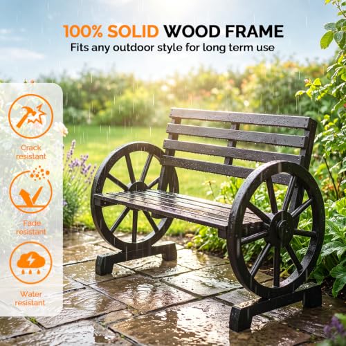 Image of VINGLI Rustic Wooden Wheel Bench Outdoor Bench, Patio Bench Wagon Slatted Seat, Garden Benches for Outdoors 350lbs High Capacity, Weather Resistance (Black, 41in)