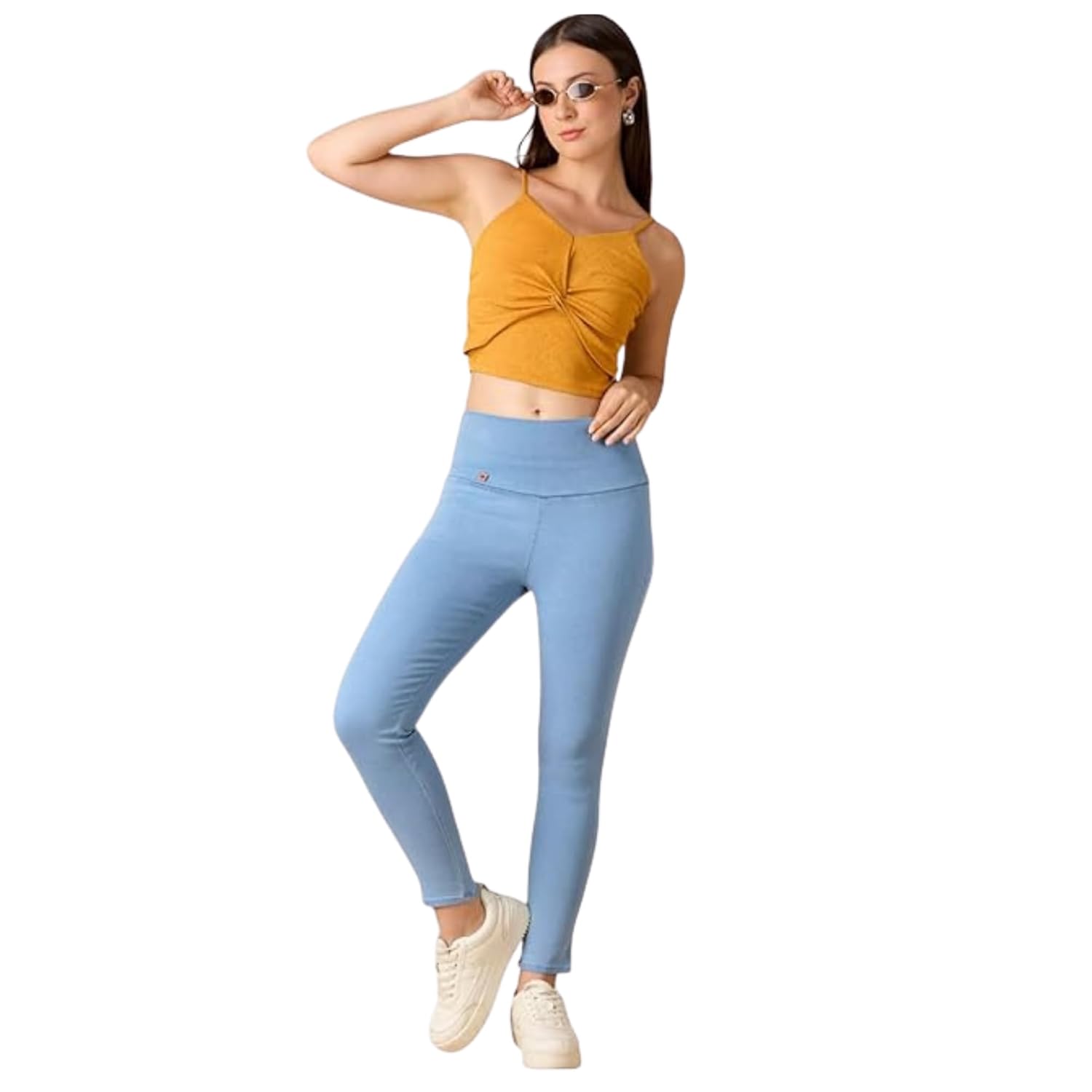 4FLIES Women’s High Waist Denim Jeggings | Stretchable Slim Fit Ankle-Length Pants with Tummy Control | Comfortable & Breathable Denim Look Leggings for Casual & Office Wear