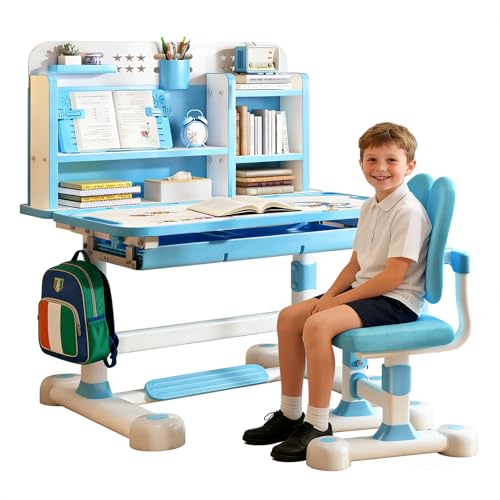 Napacoh Juego de escritorio infantil, escritorio de altura ajustable para niños con silla, mesa inclinable 50°, estantería y cajón para dormitorio y estudio (azul B)
