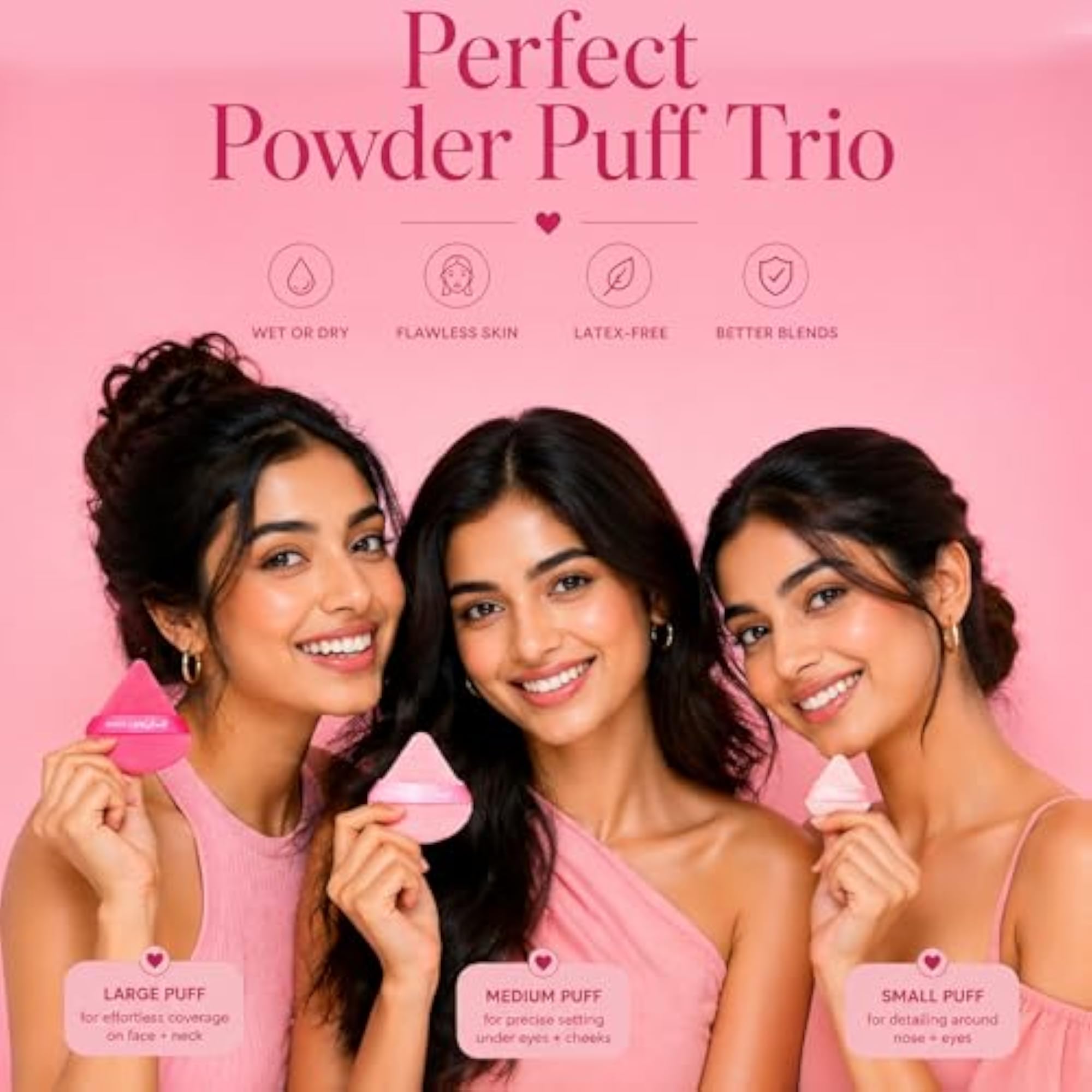 Beauty Makeup Puff Trio Set with Strap, Reusable Cosmetic Sponges