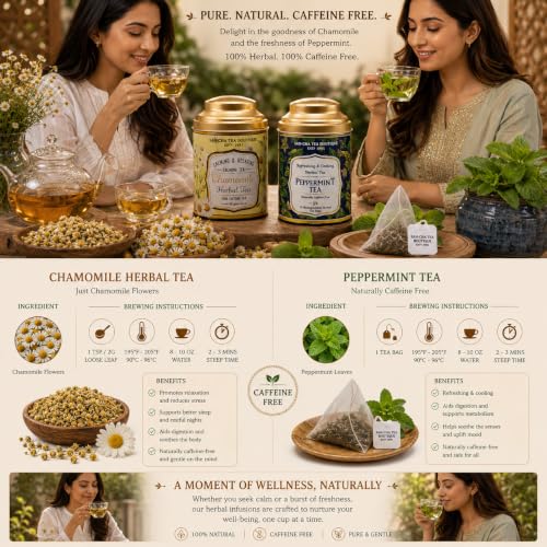Image of Sancha Tea Boutique, Chamomile Flower (50g) & Peppermint Herbal Teas (25 Pyramid Bags), Caffeine Free Herbal Tisanes, Refreshing & Calming Drinks