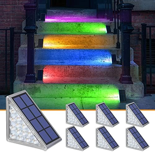 NIORSUN Solar Step Lights, 6 Pack Outdoor Stair Lights RGB Solid Color Changing Triangle Solar Deck Lights IP67 Waterproof Auto on Off Porch Decor for Stair Patio Yard, Driveway, Front Door, Sidewalk